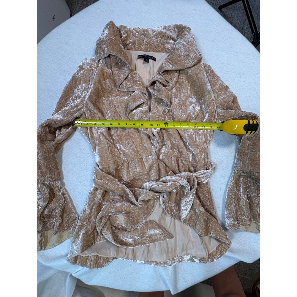 Lafayette 148 New York Crushed Velvet Ruffle Jacket Champagne Gold Belted Size 6 - Picture 6 of 10